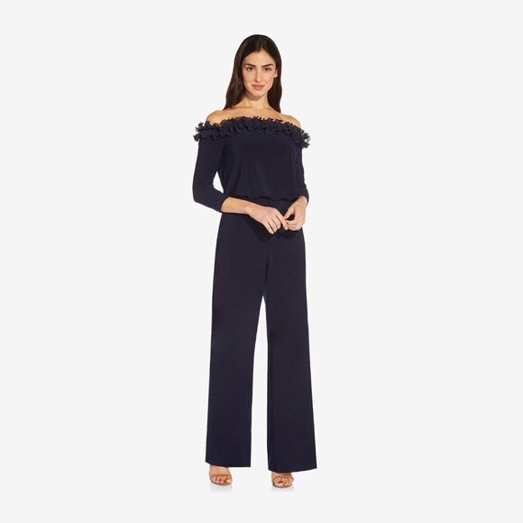 Adrianna Papell Pants - New ADRIANNA PAPELL Size 8 Navy Chiffon Ruffle Wide Leg Off Shoulder Jumpsuit